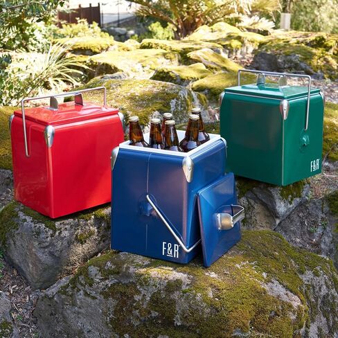 Foster & Rye Stainless Steel Retro Cooler, Vintage Metal cooler, Antique Beverage Chiller and Ice Chest, Plastic Lined Drink Chest, Mounted Bottle Opener, Holds a 6-pack, Navy in Saudi Arabia