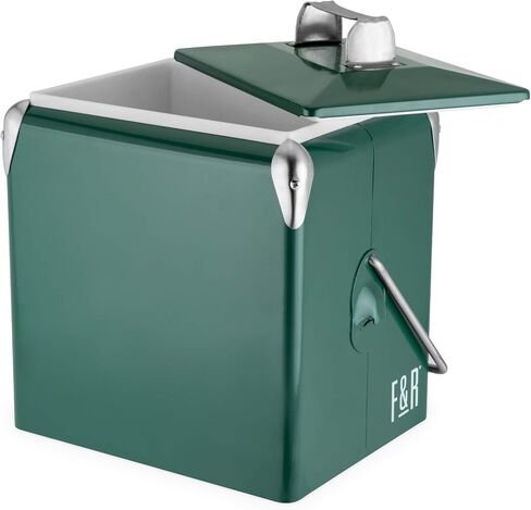 Foster & Rye Stainless Steel Retro Cooler, Vintage Metal cooler, Antique Beverage Chiller and Ice Chest, Plastic Lined Drink Chest, Mounted Bottle Opener, Holds a 6-pack, Navy in Saudi Arabia
