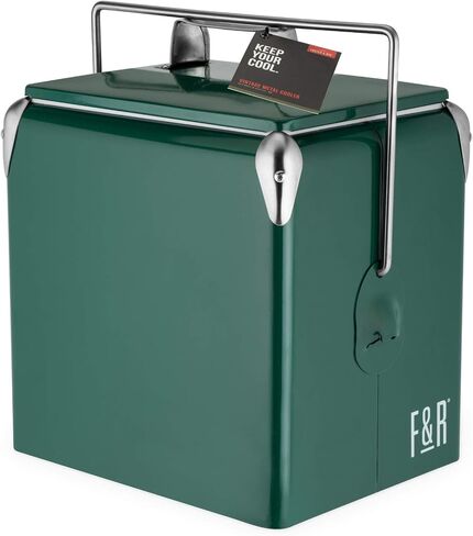 Foster & Rye Stainless Steel Retro Cooler, Vintage Metal cooler, Antique Beverage Chiller and Ice Chest, Plastic Lined Drink Chest, Mounted Bottle Opener, Holds a 6-pack, Navy in Saudi Arabia