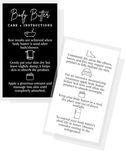 Body Butter Instruction + Care Cards | 50 Pack | 2 x 3.5" inch Business Card | Instructions for Handmade Maker | Black and White Design in Saudi Arabia