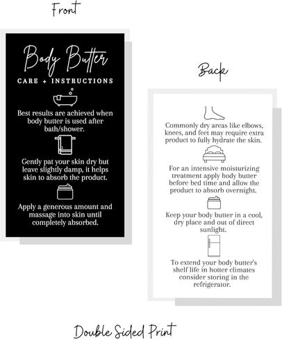 Body Butter Instruction + Care Cards | 50 Pack | 2 x 3.5" inch Business Card | Instructions for Handmade Maker | Black and White Design in Saudi Arabia