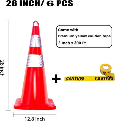 Zonegrace 6 Pack Traffic Safety Cones 28 inch with Reflective Collars, PVC Orange Safety Parking Cones for Traffic Control,Driveway,Road,Street, Free Yellow Caution Tape 3-inch x 300 feet in Saudi Arabia