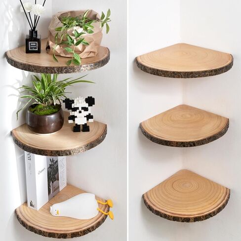Live Edge Corner Shelves, Corner Floating Shelf, Solid Paulownia Wood Slices with Bark Decorations Style, Wall Mount Display Shelf with Wire Hole for Bedroom, Kitchen, Living Room (Set of 2) in Saudi Arabia