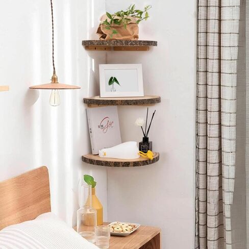 Live Edge Corner Shelves, Corner Floating Shelf, Solid Paulownia Wood Slices with Bark Decorations Style, Wall Mount Display Shelf with Wire Hole for Bedroom, Kitchen, Living Room (Set of 2) in Saudi Arabia