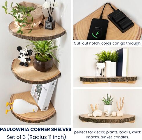 Live Edge Corner Shelves, Corner Floating Shelf, Solid Paulownia Wood Slices with Bark Decorations Style, Wall Mount Display Shelf with Wire Hole for Bedroom, Kitchen, Living Room (Set of 2) in Saudi Arabia