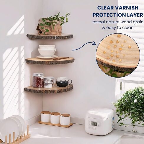 Live Edge Corner Shelves, Corner Floating Shelf, Solid Paulownia Wood Slices with Bark Decorations Style, Wall Mount Display Shelf with Wire Hole for Bedroom, Kitchen, Living Room (Set of 2) in Saudi Arabia