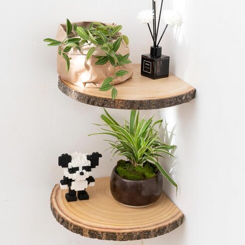 Live Edge Corner Shelves, Corner Floating Shelf, Solid Paulownia Wood Slices with Bark Decorations Style, Wall Mount Display Shelf with Wire Hole for Bedroom, Kitchen, Living Room (Set of 2) in Saudi Arabia