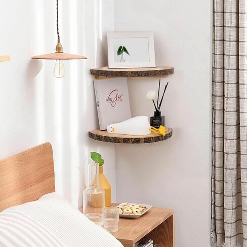 Live Edge Corner Shelves, Corner Floating Shelf, Solid Paulownia Wood Slices with Bark Decorations Style, Wall Mount Display Shelf with Wire Hole for Bedroom, Kitchen, Living Room (Set of 2) in Saudi Arabia