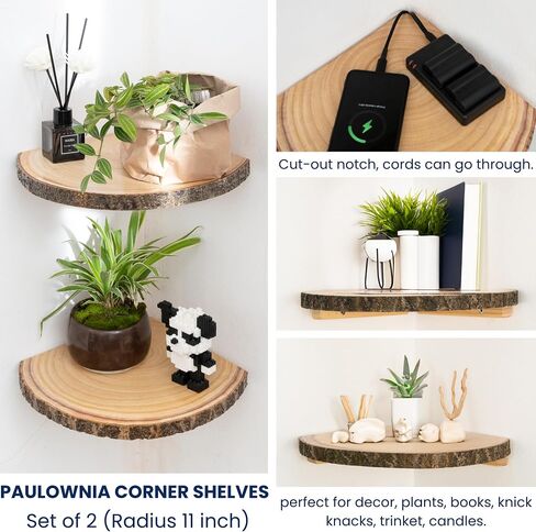 Live Edge Corner Shelves, Corner Floating Shelf, Solid Paulownia Wood Slices with Bark Decorations Style, Wall Mount Display Shelf with Wire Hole for Bedroom, Kitchen, Living Room (Set of 2) in Saudi Arabia