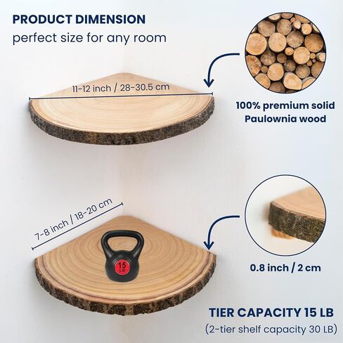 Live Edge Corner Shelves, Corner Floating Shelf, Solid Paulownia Wood Slices with Bark Decorations Style, Wall Mount Display Shelf with Wire Hole for Bedroom, Kitchen, Living Room (Set of 2) in Saudi Arabia