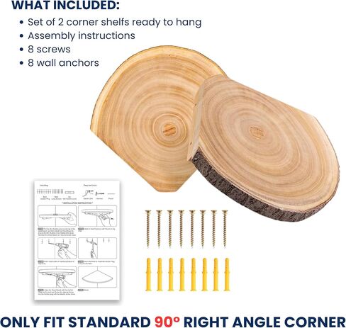 Live Edge Corner Shelves, Corner Floating Shelf, Solid Paulownia Wood Slices with Bark Decorations Style, Wall Mount Display Shelf with Wire Hole for Bedroom, Kitchen, Living Room (Set of 2) in Saudi Arabia