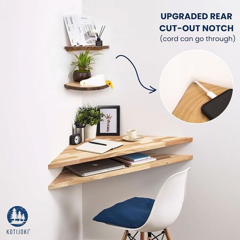 Live Edge Corner Shelves, Corner Floating Shelf, Solid Paulownia Wood Slices with Bark Decorations Style, Wall Mount Display Shelf with Wire Hole for Bedroom, Kitchen, Living Room (Set of 2) in Saudi Arabia