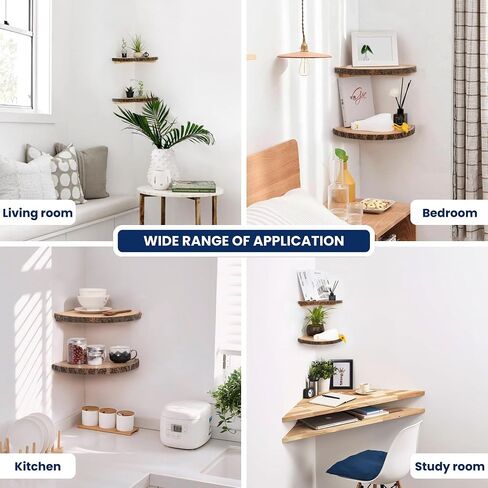 Live Edge Corner Shelves, Corner Floating Shelf, Solid Paulownia Wood Slices with Bark Decorations Style, Wall Mount Display Shelf with Wire Hole for Bedroom, Kitchen, Living Room (Set of 2) in Saudi Arabia