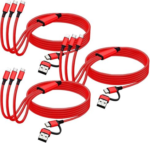 [4FT 3Pack] كابل شحن متعدد 6 في 1 مضفر من النايلون الأحمر، موصلات USB A/C إلى USB-C Lightning Micro لهواتف iphone 15/15Plus/15pro، Sam sung Galaxy S24/S23/S22، OnePlus 9، PS5، iPad Air/ برو، بكسل 9. in Kuwait