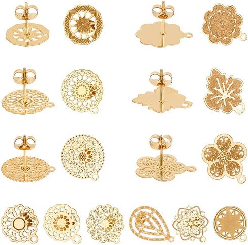 UNICRAFTALE 24pcs 12 Styles Golden Bohemian Stud Earring Findings Stainless Steel Ear Stud Component with Loop Butterfly Stoppers 0.7mm Pin Mixed Shapes Earring for Jewelry Making, Hole 1mm in Saudi Arabia