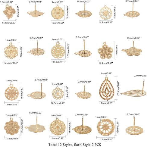 UNICRAFTALE 24pcs 12 Styles Golden Bohemian Stud Earring Findings Stainless Steel Ear Stud Component with Loop Butterfly Stoppers 0.7mm Pin Mixed Shapes Earring for Jewelry Making, Hole 1mm in Saudi Arabia