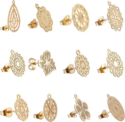 UNICRAFTALE 24pcs 12 Styles Golden Bohemian Stud Earring Findings Stainless Steel Ear Stud Component with Loop Butterfly Stoppers 0.7mm Pin Mixed Shapes Earring for Jewelry Making, Hole 1mm in Saudi Arabia