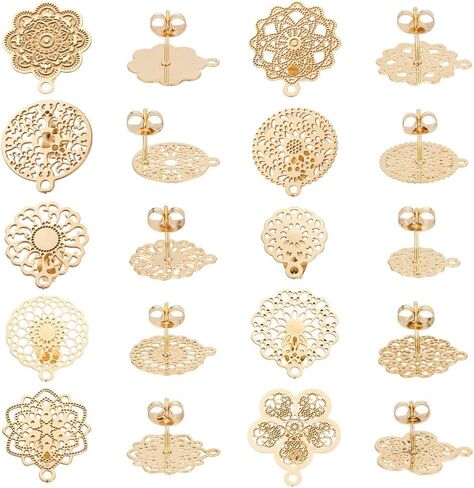 UNICRAFTALE 24pcs 12 Styles Golden Bohemian Stud Earring Findings Stainless Steel Ear Stud Component with Loop Butterfly Stoppers 0.7mm Pin Mixed Shapes Earring for Jewelry Making, Hole 1mm in Saudi Arabia
