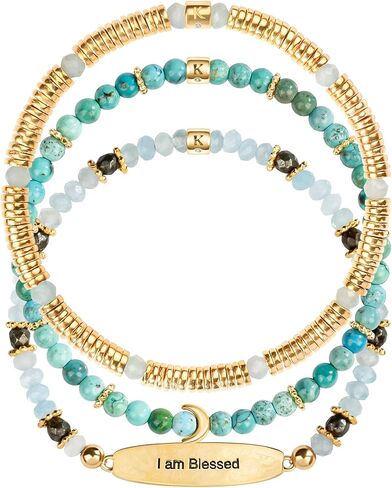 كارما آند لاك "أنا مباركة - مجموعة أساور نسائية من أكوامارين فيروزي بيريت مون، للشفاء والتوازن والازدهار مع شريط تعويذة، مجوهرات روحية in Kuwait