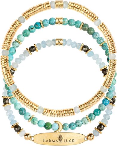 كارما آند لاك "أنا مباركة - مجموعة أساور نسائية من أكوامارين فيروزي بيريت مون، للشفاء والتوازن والازدهار مع شريط تعويذة، مجوهرات روحية in Kuwait
