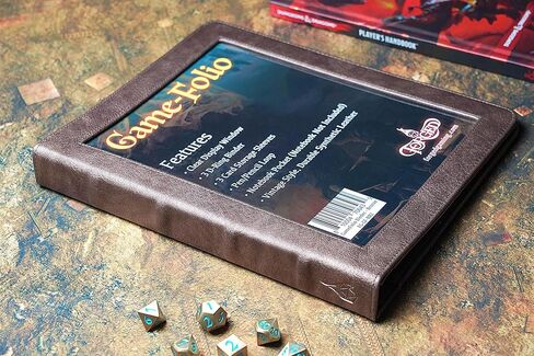 Forged Dice Co. حافظة حافظة من جلد البولي يوريثان Game-Folio - حافظة ألعاب لأوراق شخصيات DND مع منظم بطاقات DND Spell وجيب أمامي شفاف - متوافقة مع لعبة Dungeons and Dragons RPG - بني in Kuwait