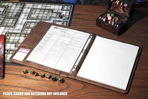 Forged Dice Co. حافظة حافظة من جلد البولي يوريثان Game-Folio - حافظة ألعاب لأوراق شخصيات DND مع منظم بطاقات DND Spell وجيب أمامي شفاف - متوافقة مع لعبة Dungeons and Dragons RPG - بني in Kuwait