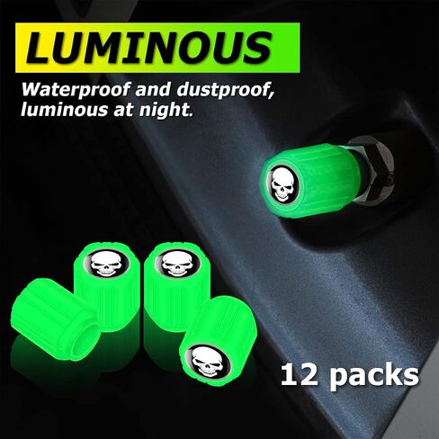 12PCS Fluorescent Skull Car Tire Valve Stem Caps, ABS Corrosion Resistant Wheel Valve Cover, Luminous Illuminated Cap Glow in The Dark, Auto Decor Accessories for Motorcycles Bicycles (Blue/Red) in Kuwait