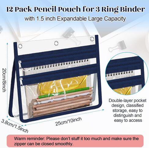 Janlaugh 12 Pcs Expandable Pencil Pouch 10 x 8 x 1.5 Inch Zippered Pencil Pouch for 3 Ring Binder Hole Clear Binder Pouch Large Double Pockets Binder Pencil Case for Office Home in Saudi Arabia