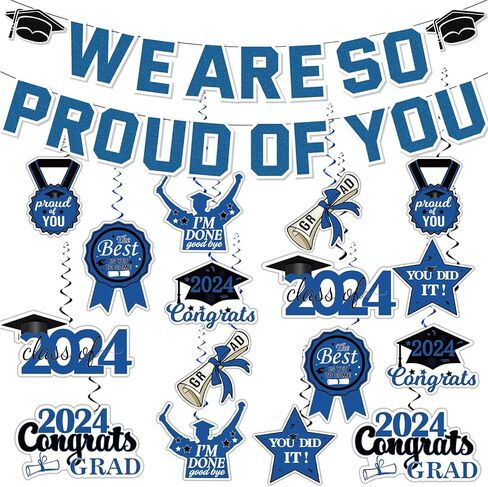 Blue Graduation Party Decorations 2024, We Are So Proud of You Graduation Banner and Congrats Grad Hanging Swirls, College Graduation Decorations Class of 2024 Party Supplies in Saudi Arabia