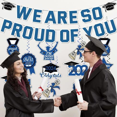 Blue Graduation Party Decorations 2024, We Are So Proud of You Graduation Banner and Congrats Grad Hanging Swirls, College Graduation Decorations Class of 2024 Party Supplies in Saudi Arabia