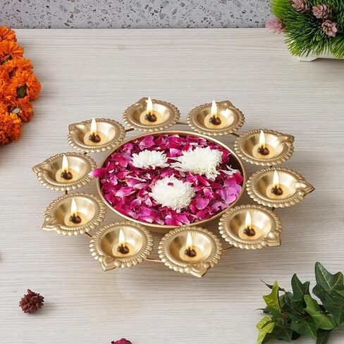 Prisha India Craft Diya Shape Flower Decorative Urli Bowl for Home Handcrafted Urli Bowl for Floating Flowers and Tea Light Candles Home,Office and Table Décor, Metal, 10 Diyas in Saudi Arabia