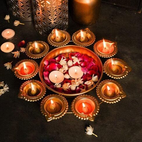 Prisha India Craft Diya Shape Flower Decorative Urli Bowl for Home Handcrafted Urli Bowl for Floating Flowers and Tea Light Candles Home,Office and Table Décor, Metal, 10 Diyas in Saudi Arabia