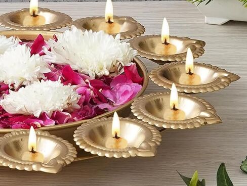 Prisha India Craft Diya Shape Flower Decorative Urli Bowl for Home Handcrafted Urli Bowl for Floating Flowers and Tea Light Candles Home,Office and Table Décor, Metal, 10 Diyas in Saudi Arabia