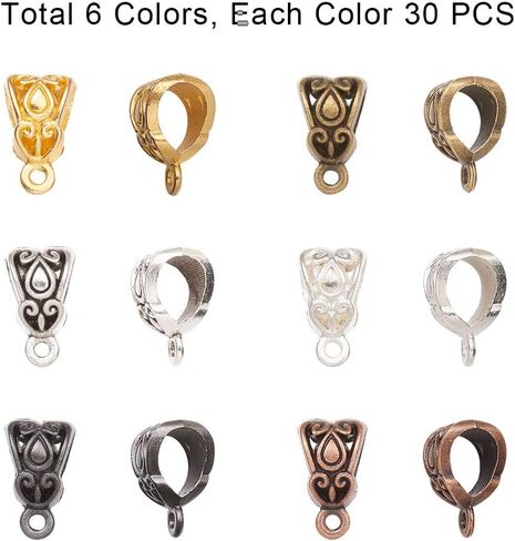 PH PandaHall 180pcs Bail Beads Charms, 6 Colors Tibetan Silver Pendants Bails Tube Beads Carrier Hanger Links Spacer Bead Loose Beads with Loop for European Bracelet Pendant Jewelry Making in Saudi Arabia