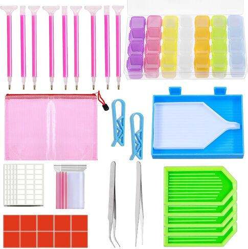 Wokape 51Pcs 5D DIY Diamond Painting Accessories and Tools Kit, DIY Dimand Art Paintings Kit Contains Point Drill Pen, Tweezers, Plastic Tray, Sticker, Glue Clay, Clips, Pen Holders for Adults or Kid in Kuwait