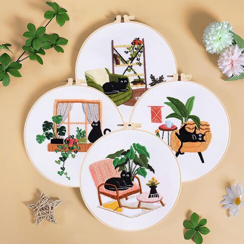 LOMOHOO 4 Sets Cat Embroidery Kit for Beginners, Embroidery Practice kit with Cute Cat Pattern, Stamped Cross Stitch for Embroidery Starters, Craft Lover DIY Embroidery Sets (Black Cat) in Saudi Arabia