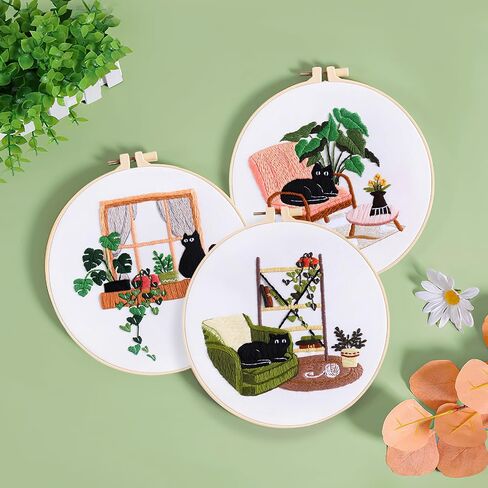 LOMOHOO 4 Sets Cat Embroidery Kit for Beginners, Embroidery Practice kit with Cute Cat Pattern, Stamped Cross Stitch for Embroidery Starters, Craft Lover DIY Embroidery Sets (Black Cat) in Saudi Arabia