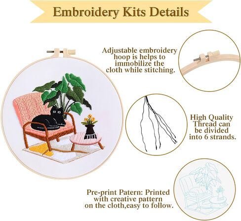 LOMOHOO 4 Sets Cat Embroidery Kit for Beginners, Embroidery Practice kit with Cute Cat Pattern, Stamped Cross Stitch for Embroidery Starters, Craft Lover DIY Embroidery Sets (Black Cat) in Saudi Arabia