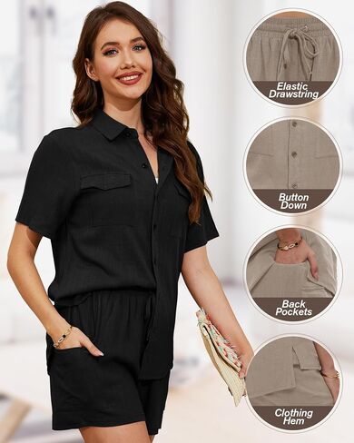 Women's 2 Piece Casual Summer Sets Short Sleeve Button Down Shirts and Shorts Sets All Black Large in Saudi Arabia