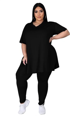 طقم ملابس نسائية من Tycorwd مقاس كبير مكون من قطعتين، قمصان صيفية كبيرة الحجم، بناطيل رياضية طويلة، أطقم بدلات رياضية باللون الأسود-3XL in Kuwait