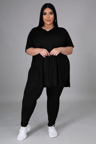 طقم ملابس نسائية من Tycorwd مقاس كبير مكون من قطعتين، قمصان صيفية كبيرة الحجم، بناطيل رياضية طويلة، أطقم بدلات رياضية باللون الأسود-3XL in Kuwait