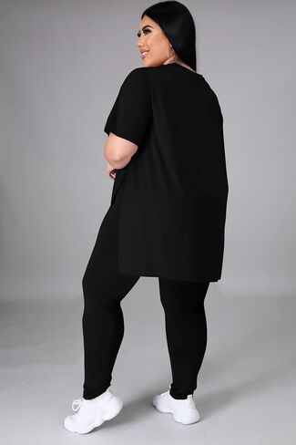 طقم ملابس نسائية من Tycorwd مقاس كبير مكون من قطعتين، قمصان صيفية كبيرة الحجم، بناطيل رياضية طويلة، أطقم بدلات رياضية باللون الأسود-3XL in Kuwait