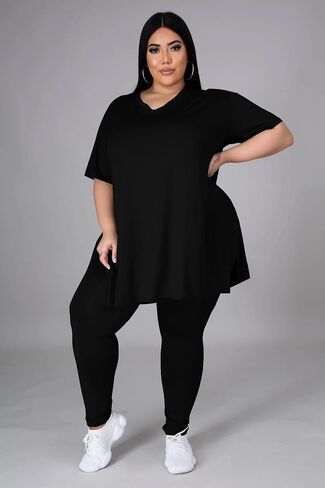 طقم ملابس نسائية من Tycorwd مقاس كبير مكون من قطعتين، قمصان صيفية كبيرة الحجم، بناطيل رياضية طويلة، أطقم بدلات رياضية باللون الأسود-3XL in Kuwait