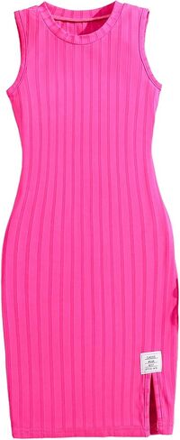 Hilinker Girls Ribbed Knit Sleeveless Dress Side Split Crew Neck Tank Dresses in Saudi Arabia