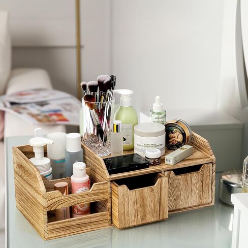 yopay منظم مكتب خشبي ريفي بالأسى، منظم سطح المكتب المكتبي مع درج، رف تخزين خشبي عتيق للمزرعة لتخزين مستحضرات التجميل وفاتورة البريد وخزانة المنضدة على سطح الطاولة in Kuwait