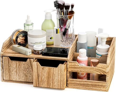 yopay منظم مكتب خشبي ريفي بالأسى، منظم سطح المكتب المكتبي مع درج، رف تخزين خشبي عتيق للمزرعة لتخزين مستحضرات التجميل وفاتورة البريد وخزانة المنضدة على سطح الطاولة in Kuwait