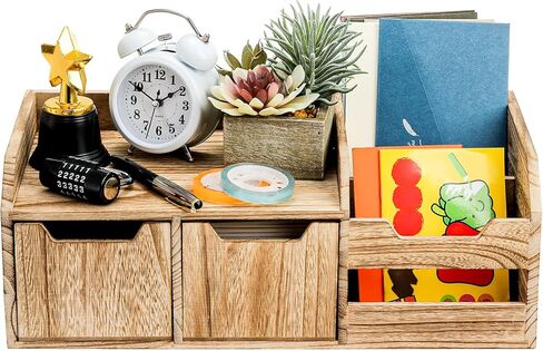 yopay منظم مكتب خشبي ريفي بالأسى، منظم سطح المكتب المكتبي مع درج، رف تخزين خشبي عتيق للمزرعة لتخزين مستحضرات التجميل وفاتورة البريد وخزانة المنضدة على سطح الطاولة in Kuwait