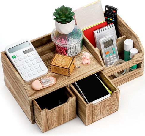 yopay منظم مكتب خشبي ريفي بالأسى، منظم سطح المكتب المكتبي مع درج، رف تخزين خشبي عتيق للمزرعة لتخزين مستحضرات التجميل وفاتورة البريد وخزانة المنضدة على سطح الطاولة in Kuwait