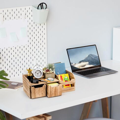 yopay منظم مكتب خشبي ريفي بالأسى، منظم سطح المكتب المكتبي مع درج، رف تخزين خشبي عتيق للمزرعة لتخزين مستحضرات التجميل وفاتورة البريد وخزانة المنضدة على سطح الطاولة in Kuwait