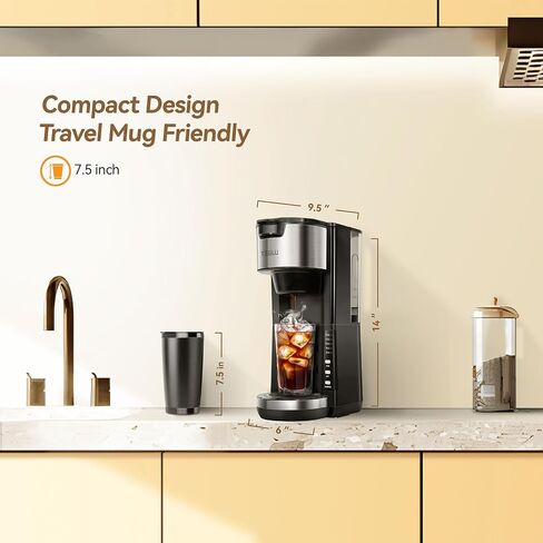 Hot and Iced Coffee Maker Single Serve for K Cup and Ground Coffee, Iced Coffee Machine with 30oz Removable Water Reservoir, Brews 6 to 14oz Cup Size, Fits Travel Mug, Black in Saudi Arabia